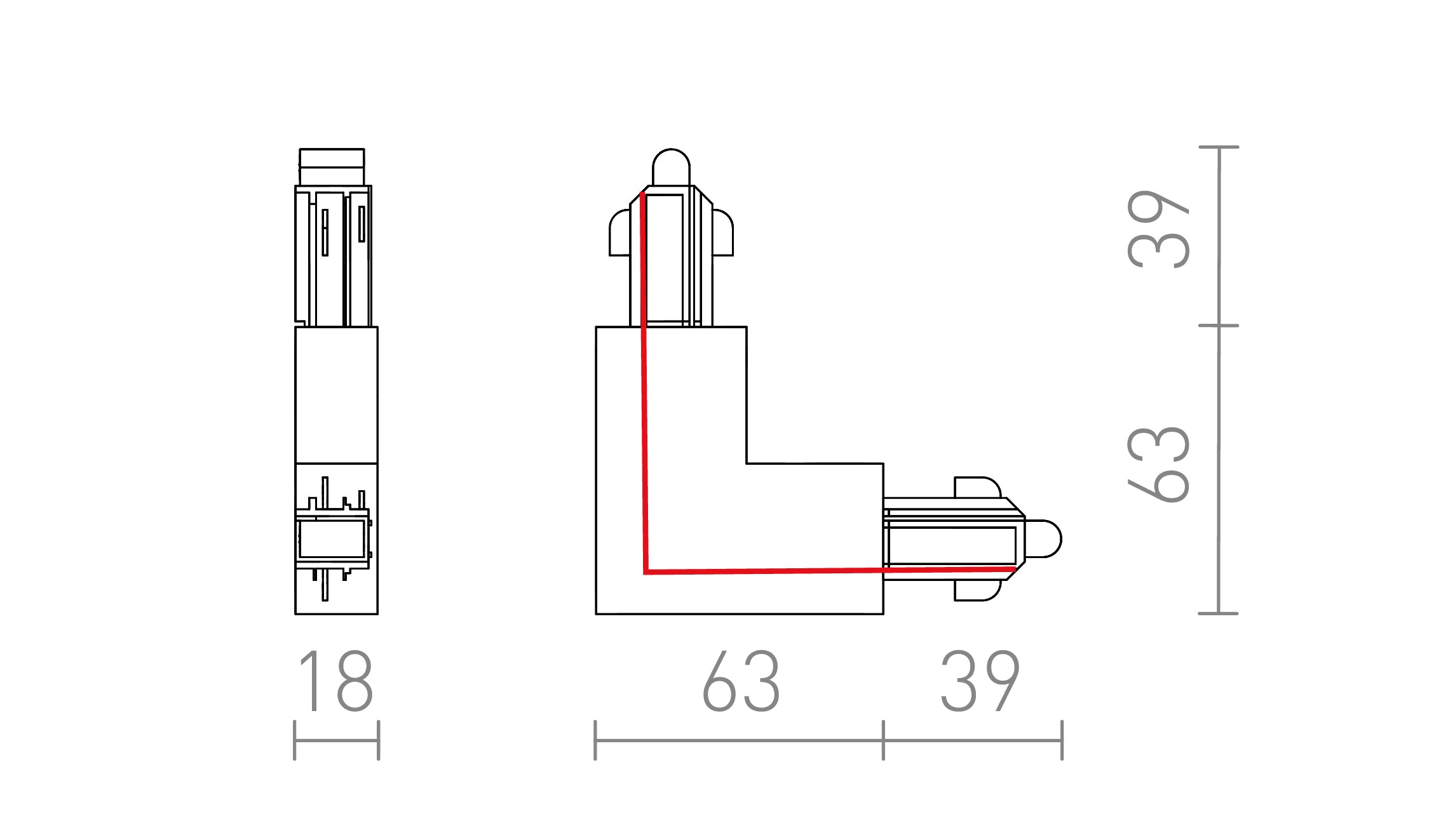 ŁĄCZNIK L WEWNĘTRZNY DO SZYNY 1-FAZ. - Product sketch