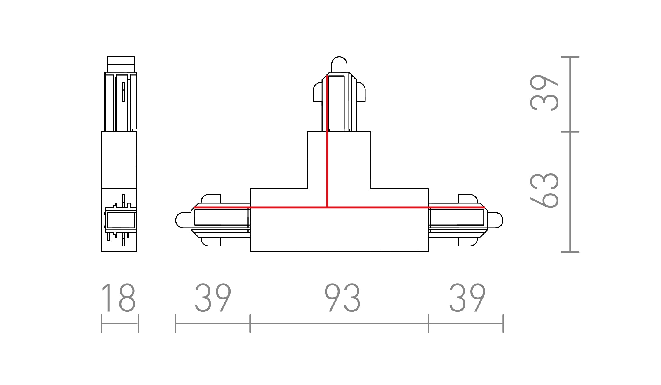 ŁĄCZNIK T PRAWY DO SZYNY 1-FAZ. - Product sketch